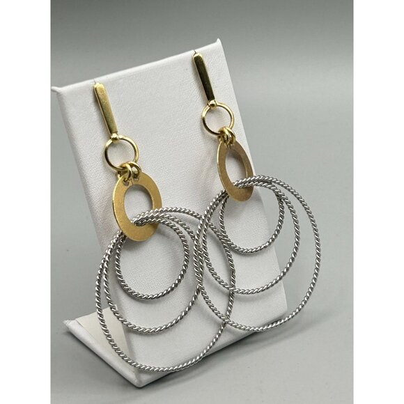Two Tones Silver Gold Dangles Earrings Intersecting Circles Designer Signed - Picture 3 of 6